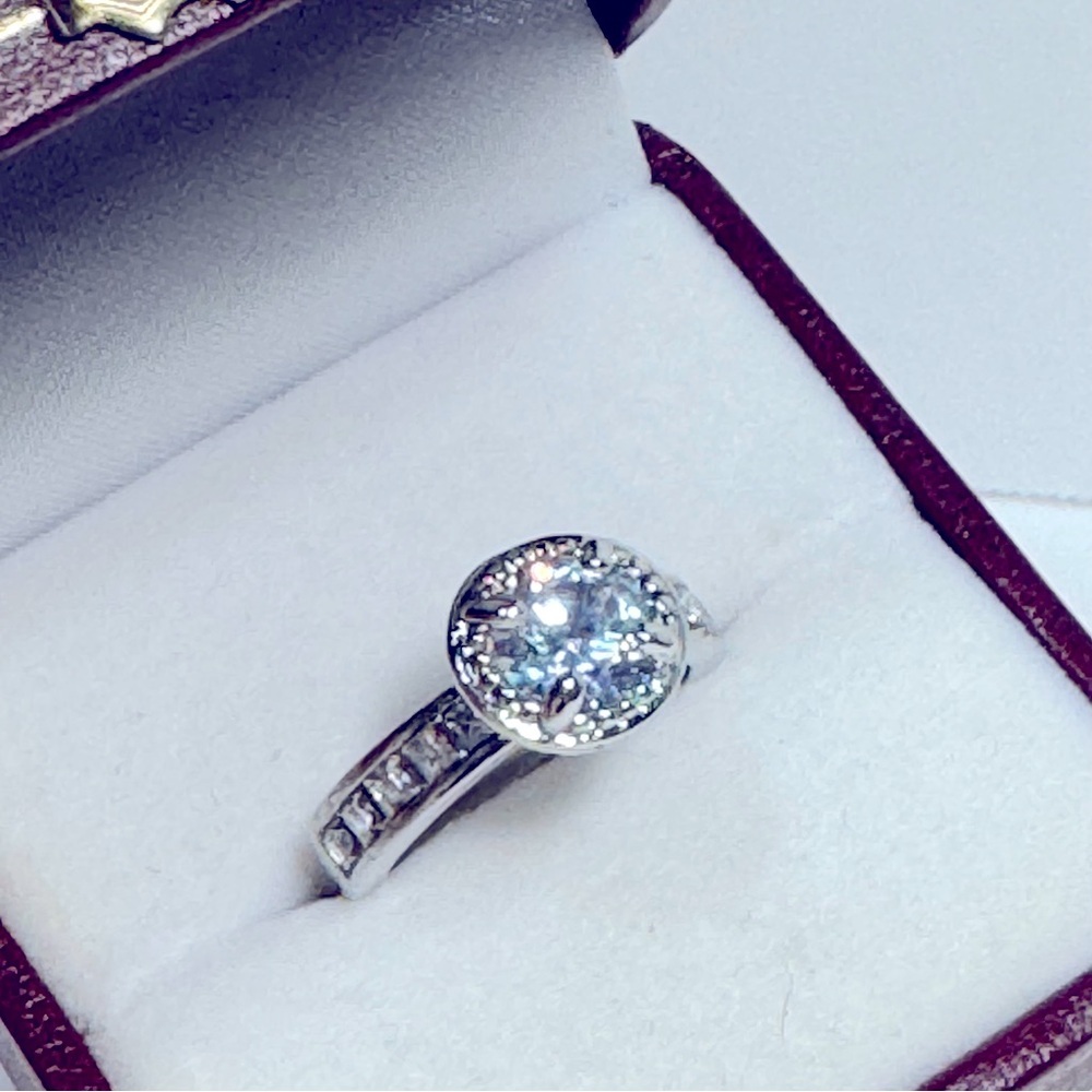 Silver Tone Fashion Ring with Round Center Stone & Channel Set Band - Size 6